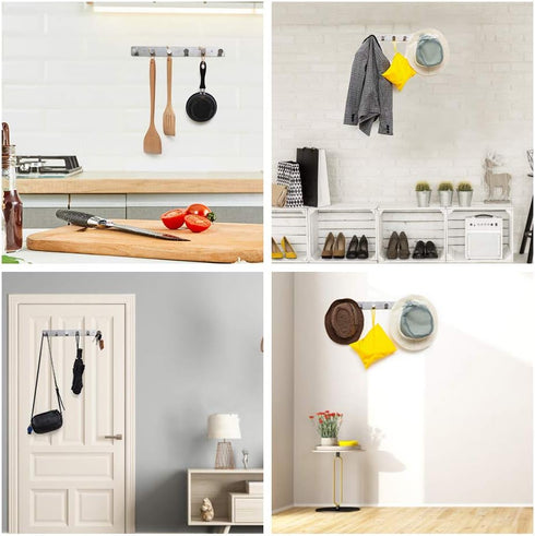 Coat Rack Wall Mounted Adhesive & Screw in, Stainless Steel Metal Coat Hooks for Door, Hook Rail with 6 Round Hangers for Hanging Hat Towels Cloth...