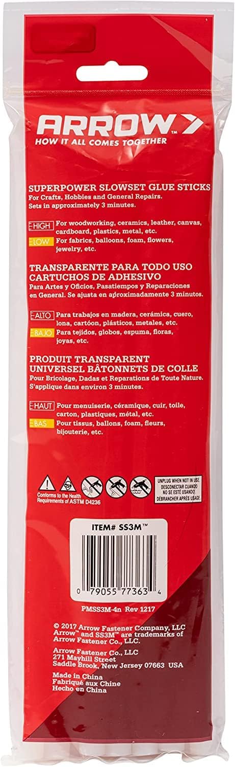 Arrow SS3M Full Size Slow Set Glue Sticks for Hot Glue Guns, Use for High Temp and Low Temp Crafting, Hobbies, and General Repair Projects, 10-Inc...