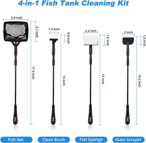 hygger Small Fish Tank Cleaner, Aquarium Cleaning Tools Kit with Handle, Seaweed Scraper, Fishing Net, Sponge Brush,Wall Brush (M)...