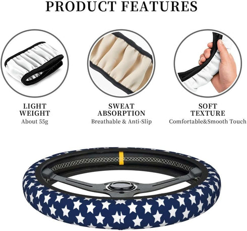 American Flag White Stars on Blue Steering Wheel Covers, Breathable Anti-Slip Sweat Absorption Universal 15 Inch Car Wheel Cover Accessories for M...