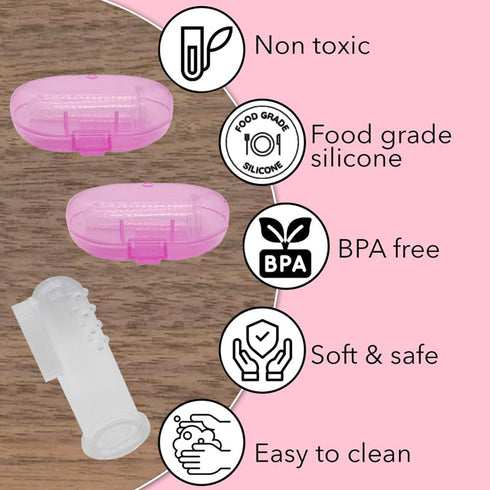 Baby Finger Toothbrush (Set of 2) - Silicone Baby Toothbrush with 2 Cases in Pink - Toddler Training Toothbrush - Newborn Oral Massager - Easy Ora...