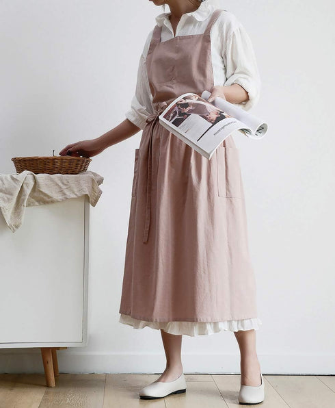 Cotton Pleated Apron Retro Waterdrop Proof Garden Cleaning Pinafore Dress...