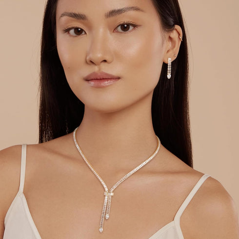 HZMAN Crystal Jewelry Set for Women Bride Dainty 18K White Plated Cubic Zirconia Tassel Stud Earring Knot Necklace Bracelet Wedding Party Jewelry ...