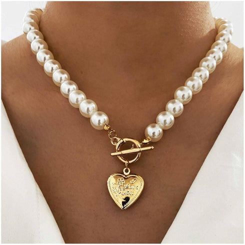 Vintage Heart Pendant Necklace Big Pearl Necklace Choker Gold Toggle Chain Necklaces Initial Letter Choker Necklace Jewelry for Women and Girls (H...