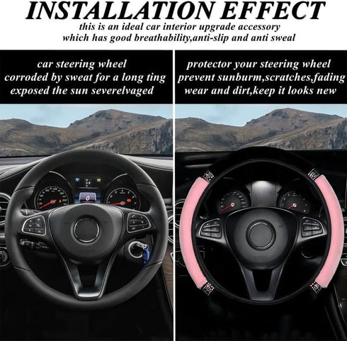 Steering Wheel Cover Universal Standard Size 14.5-15 inch, Soft Fluffy Steering Wheel Cover with Sparkly Crystal Rhinestones for Women Girls (Pink...