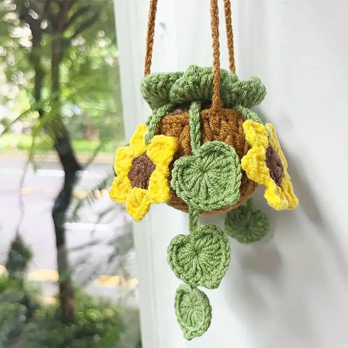 Car Hanging Ornament Cute Crochet Plant Rear view Mirror Pendant Decoration Handmade Knitted Mirror Hanging Car Interior Accessories Gardening Han...