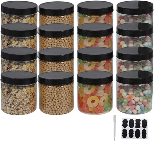 12 Pack 16 oz Plastic Jars With Lids, Extra Labels, 1 Pen, Clear PET Seal Jar for Food Storage,Wide Opening Storage jar For Dry Food, Peanut, Powd...