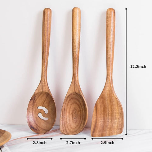 Thick Handle Wooden Spoon Utensils, Set of 3, Wooden Corner Spoons for Cooking, Acacia Wood Slotted Spoons Kitchen ScraperSpatula Safe for Nonstic...