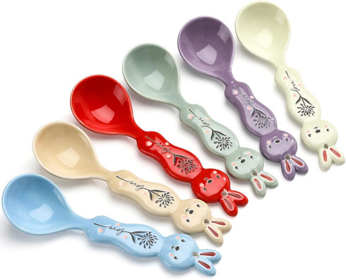 Ceramic Soup Spoons Set of 6, Asian Soup Spoon, Cute Soup Spoons Set for Soups, Ramen, Stews, Cereal...