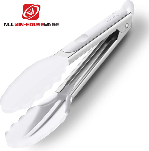 Premium Silicone Set of 2 Cooking Tongs, 9-Inch & 12-Inch BPA Free Non-Stick Stainless Steel BBQ Grilling Locking Food Tong, Light Grey...