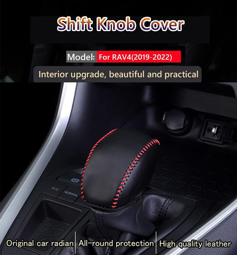 Great-luck Genuine Leather Automatic at Gear Shift Knob Cover Protector Trim,The car Interior Accessories(Black with Red Stitches),for Toyota RAV4...