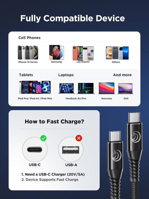 USB C to USB C Cable 100W 6FT 2Pack USBC to USBC Fast Charging Cable Braided USB C to C Charger Cord for iPhone 15/15Pro/15Plus/15 Pro Max, iPad P...