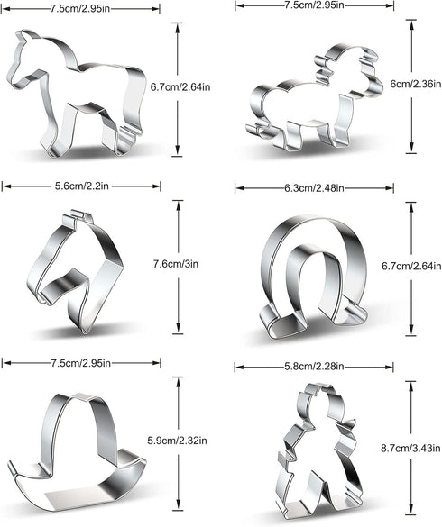 Horse Cowboy Cookie Cutters Shapes Baking Set, 6 Pieces Stainless Steel Metal Mold with Horse, Pony, Horse Head, Horseshoe, Cowboy, Cowboy Hat Coo...