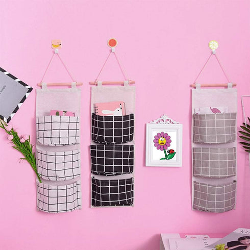 AUHOKY 3Pcs Wall Closet Hanging Storage Bag, Premium Linen Fabric Over The Door Organizer, Hanging Storage Pouches with 3 Pockets for Bedroom Bath...