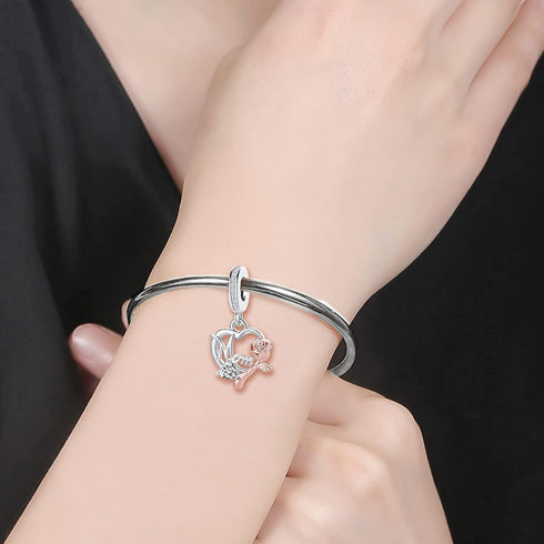 Mom Charm for Pandora Bracelets Women Rose Gold Flower Love Heart Dangle Mother Bead from Daughter Son Birthday...