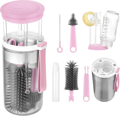 welltop Travel Bottle Cleaner Kit, Portable Baby Bottle Brush Set with Silicone Bottle Cleaning Brush, Built-in Bottle Drying Rack, Nipple Brush, ...
