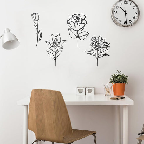 Blulu 4 Pcs Cast Iron Flower Wall Decor 11.81 Inches Metal Wall Hangings Black Minimalist Wire Signs Mid Century Modern Elegance Wall Accents Easy...