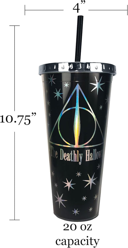 Spoontiques Harry Potter Acrylic Foil Cup with Straw, 20oz - Metallic Locking, Double Wall Insulated, BPA Free - Deathly Hallows...