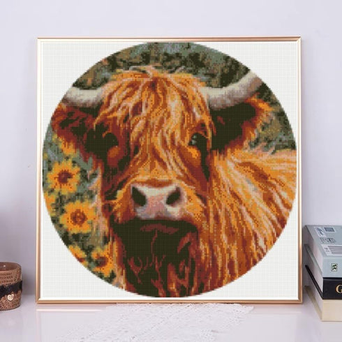 DIY Stamped Cross Stitch Kits Brown Highland Cow and Sunflower for Beginners Easy 11CT Needlepoint Embroidery Counted Cross Stitch Kits Art Craft ...