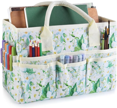 Craft Organizer Tote Bag Art Storage Caddy with Multiple Pockets Storage Containers for Art,Craft,and Office Supplies Storage Jasmine Flower...