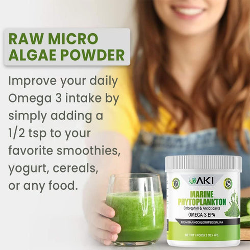 AKI Marine Phytoplankton Powder | Source of Raw Omega-3 EPA Micro Algae Nannochloropsis - Plant Based Proteins, Vitamins for Overall Wellness | Co...
