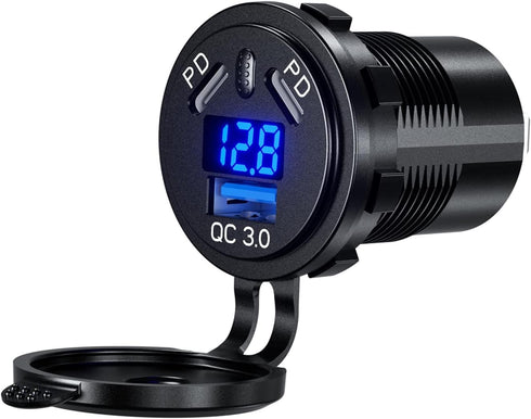 12V Type C USB Outlet 45W PD and 18W QC3.0 Quick Car Charger Socket with Voltmeter Switch Fast Charger Socket Power Waterproof 12V / 24V Marine Bo...