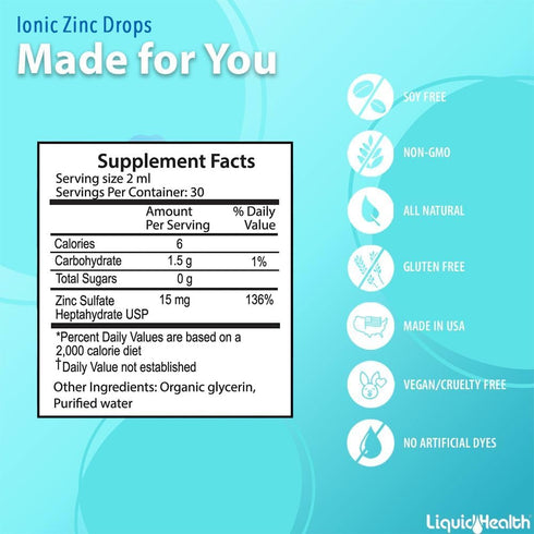 LIQUIDHEALTH Ionic Zinc 15mg, 2 Oz Zinc Liquid, Pure Zinc Vitamin Drops, Liquid Vitamin Zinc Supplement, Zinc Sulfate Heptahydrate for Adults, Men...