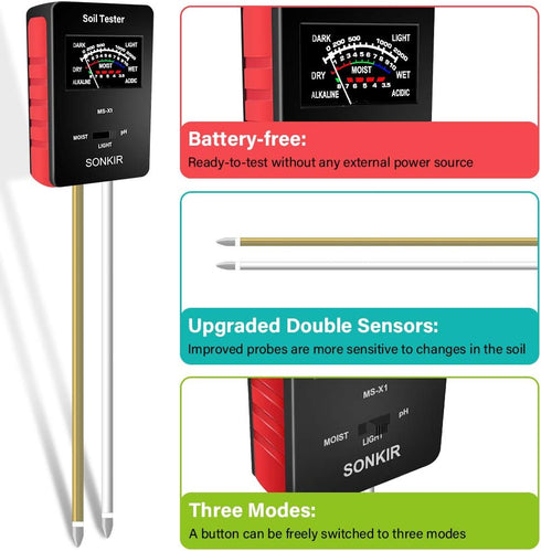 Soil pH Meter, MS-X1 Upgraded 3-in-1 Soil Moisture/Light/pH Tester Gardening Tool Kits for Plant Care, Great for Garden, Lawn, Farm (Black)...