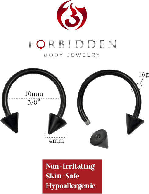 Forbidden Body Jewelry Set of 2 Rings: 16g 10mm Black IP Plated Surgical Steel Spiked Horseshoe Hoop Rings...