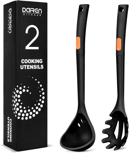 Silicone Pasta Fork and Ladle Spoon Set, Large Non Stick Kitchen Utensils for Cooking,Stirring,One Piece Serving Spaghetti, Soup, Sauce (BLACK)...