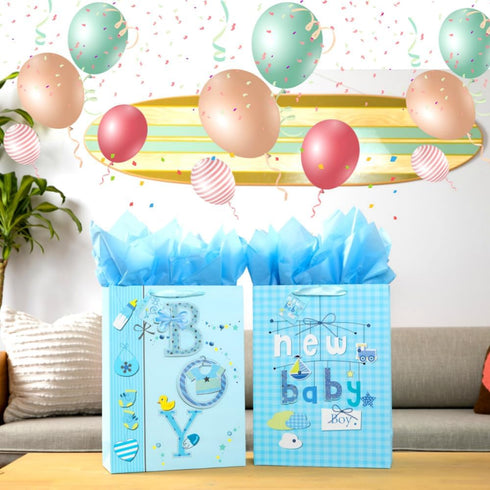 Golden J Store 16.5" Extra Large Baby Gift Bags with Tissue Papers for Baby Showers 2-Pack (Blue)...