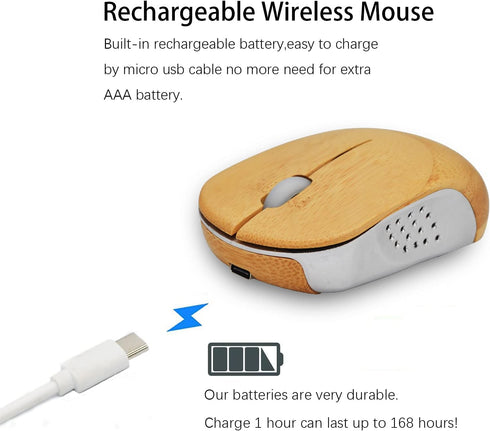 Icemouse Wireless Computer Mouse, Rechargeable Bamboo Wireless Mouse 2.4GHz Optical Silent Mouse with USB Receiver and 4 Adjustable DPIs, for Lapt...