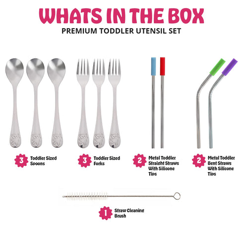 15 Pieces Toddler Kids Utensils Kids Silverware Set Stainless Steel, Safe Baby Utensils 3 Toddler Forks 3 Toddler Spoons 4 Reusable Metal Straws 4...