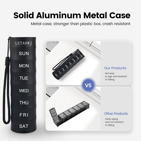 Weekly Travel Stackable Pill Organizer, Large Capacity Metal Pill Case 7-Day Compartment Medicine Box Waterproof Pill Container Vitamin Aluminum S...
