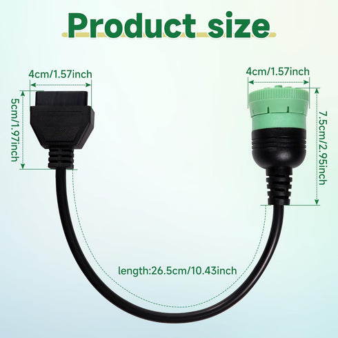 9 Pin J1939 Male to 16 Pin OBD2 OBDII Female Right Angle Green Type 2 Adapter Cable for Heavy Duty Trucks and Commercial Vehicles Freightliner Tru...