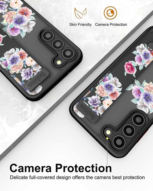 Galaxy S23 Case Cute with Strap Stand Finger Kickstand, Case for Flower Floral Designer for Girls Aesthetic Cool Silicone Compatible with Samsung ...