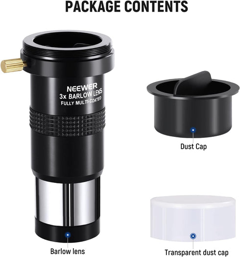 NEEWER 3X Barlow Len for 1.25" Telescope Eyepiece, Multi Coated Triple Magnification Telescope Lens Accessory, Fully Metal Build with M42 Thread t...
