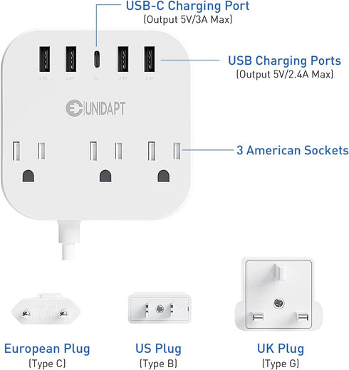 European Plug Adapter, Unidapt US to UK Europe Power Strip for EU/UK/US with USB C and 4 USB Ports, 3 AC Outlets, Wall Mountable, 5ft Extension Co...