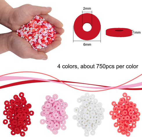 3000 PCS Polymer Clay Beads for Bracelets Making, Flat Clay Beads Kit, Spacer Beads Vinyl Heishi Beads for Valentine's Day Jewelry Making (Love)...