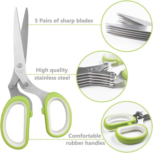 Herb Cutter Scissors 5 Blade Scissors Kitchen Multipurpose Cutting Shear with 5 Stainless Steel Blades & Safety Cover & Cleaning Comb Cilantro Sci...