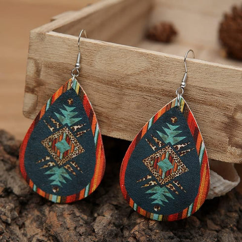 Western Cowboy Earrings Set Boho Aztec Pattern Leather Earrings for Women Boho Vintage Handmade Bohemian Turquoise Jewelry Cow Print Leather Teard...