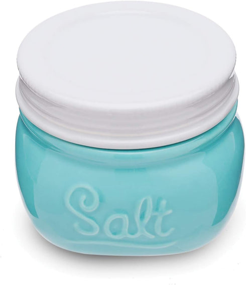 Fox Run Vintage Style Mason Jar Salt Cellar, Blue Ceramic with White Lid, 1 Cup Capacity...
