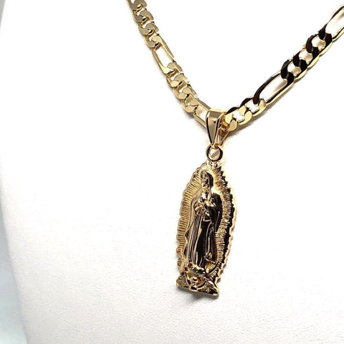 Gold Plated Virgin Mary Pendant Necklace Figaro 26" Virgen de Guadalupe Medalla Oro Laminado...
