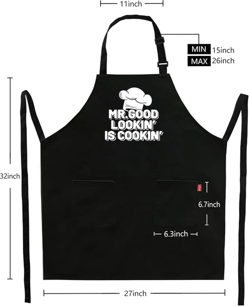 Funny Chef Aprons for Men - Mr.Good Lookin' is Cookin' - Men’s Funny Kitchen Cooking Grilling BBQ Aprons with 2 Pockets - Birthday Father’s Day Ch...