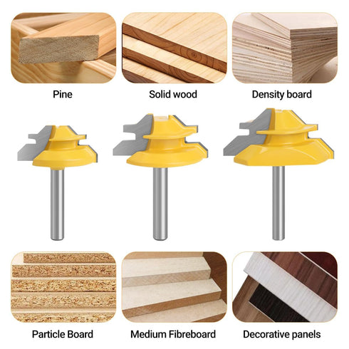 3PCS 45 Degree Lock Miter Router Bit Set, 1/4 Inch Shank Woodworking Tools Set with 1/4 Inch to 1/2 Inch Router Collet Converter for Cutting Heigh...