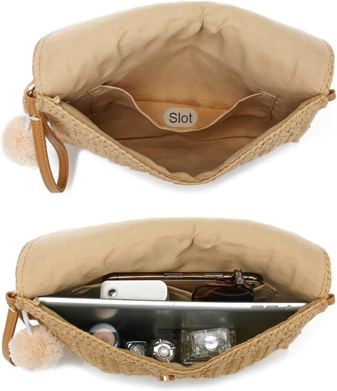YIKOEE Straw Bag and Card Holder Set for Women Summer Beach Purse Woven Bag With PomPom...