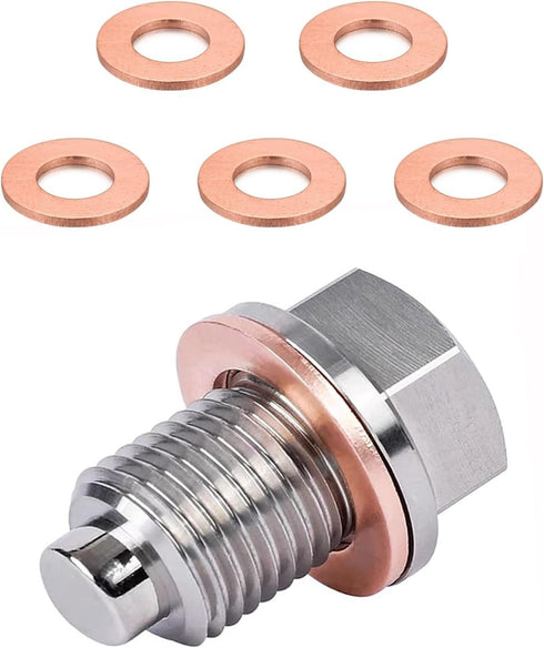 M14 x 1.5 Magnetic Oil Drain Plug, Stainless Steel Sump Drain Nut Bolt with 5 Crush Washer Gaskets, Leak-proof Oil Drain Plug Replacement for Most...