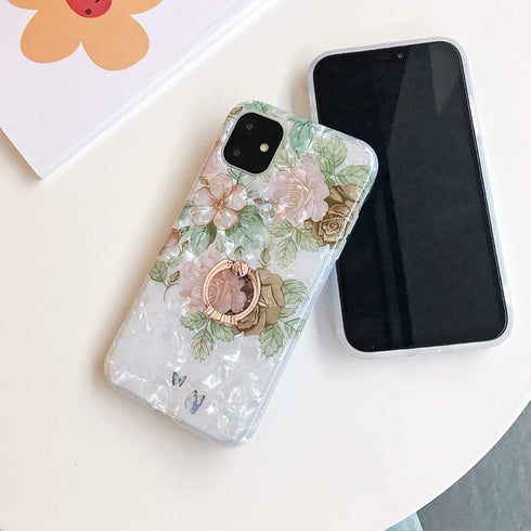 Qokey Compatible iPhone 11 Case 6.1 inch- Floral Clear Flower Design for Women with 360 Rotating Ring Stand Holder Kickstand - Soft TPU Shockproof...