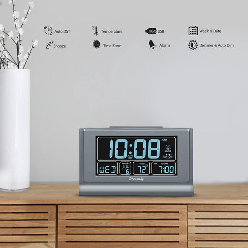 DreamSky Digital Alarm Clock with Battery Backup, 5 Inch Large Display, Auto Set Clock, USB Charging Ports, 12/24H...