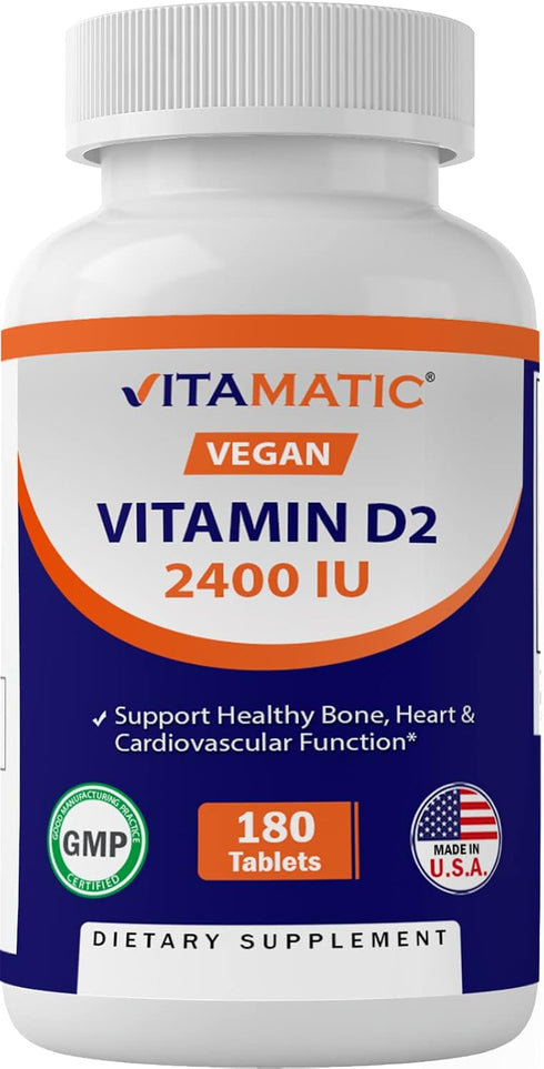 Vitamatic Vitamin D2 60 mcg (2400 IU) - Ergocalciferol - 180 Vegetarian Tablets (180 Tablets (Pack of 1)) (2 Bottles)...